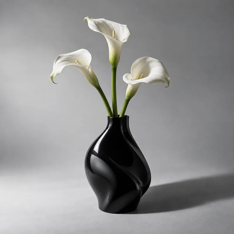 White calla lilies in a black vase, with a blue mark around the cast shadow.